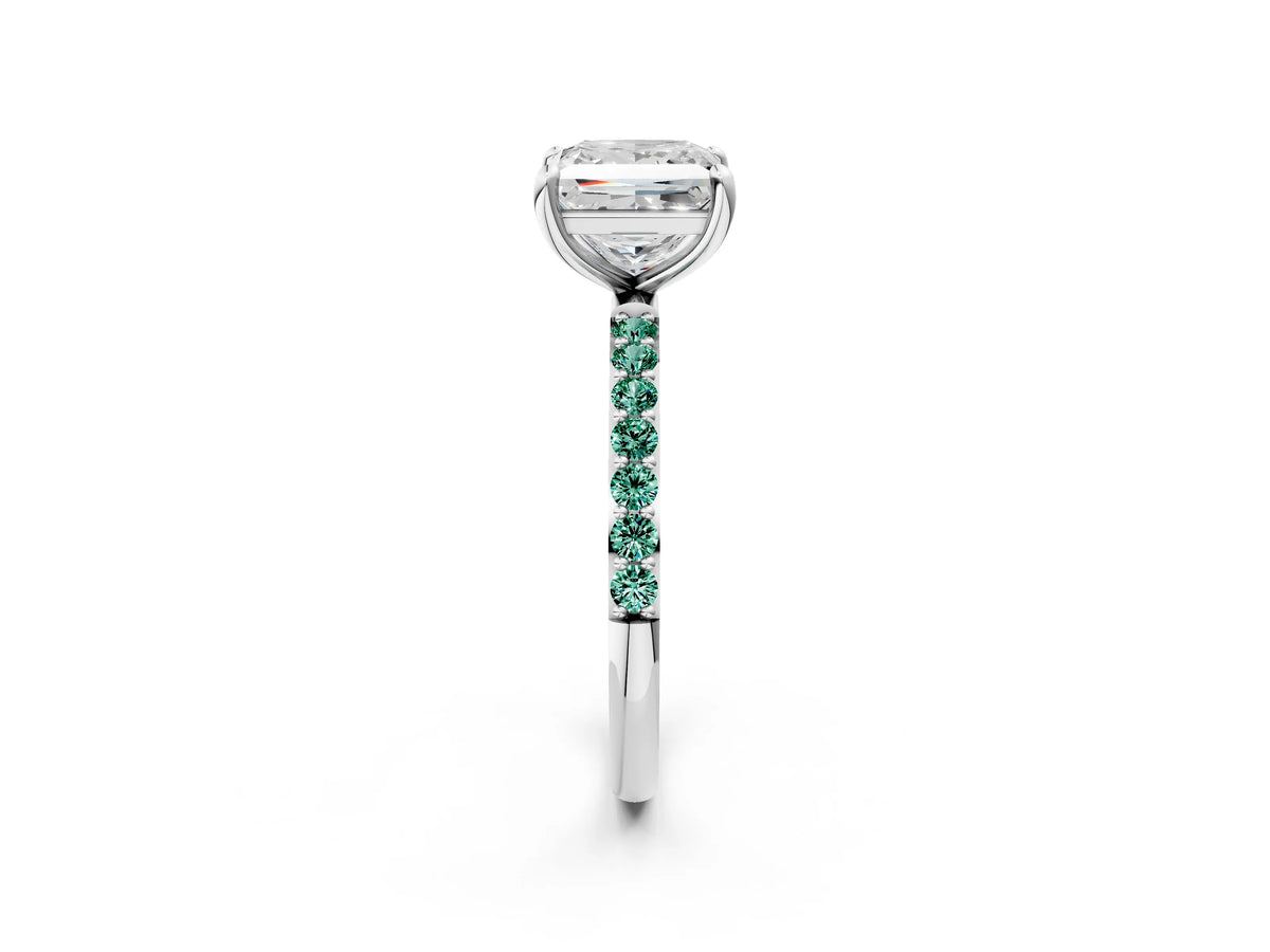 Platinum Princess Cut Diamond Solitaire Ring with Round Green Sapphire Pavé Band and Prong Setting_14