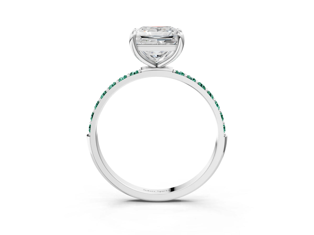 Platinum Princess Cut Diamond Solitaire Ring with Round Green Sapphire Pavé Band and Prong Setting_15