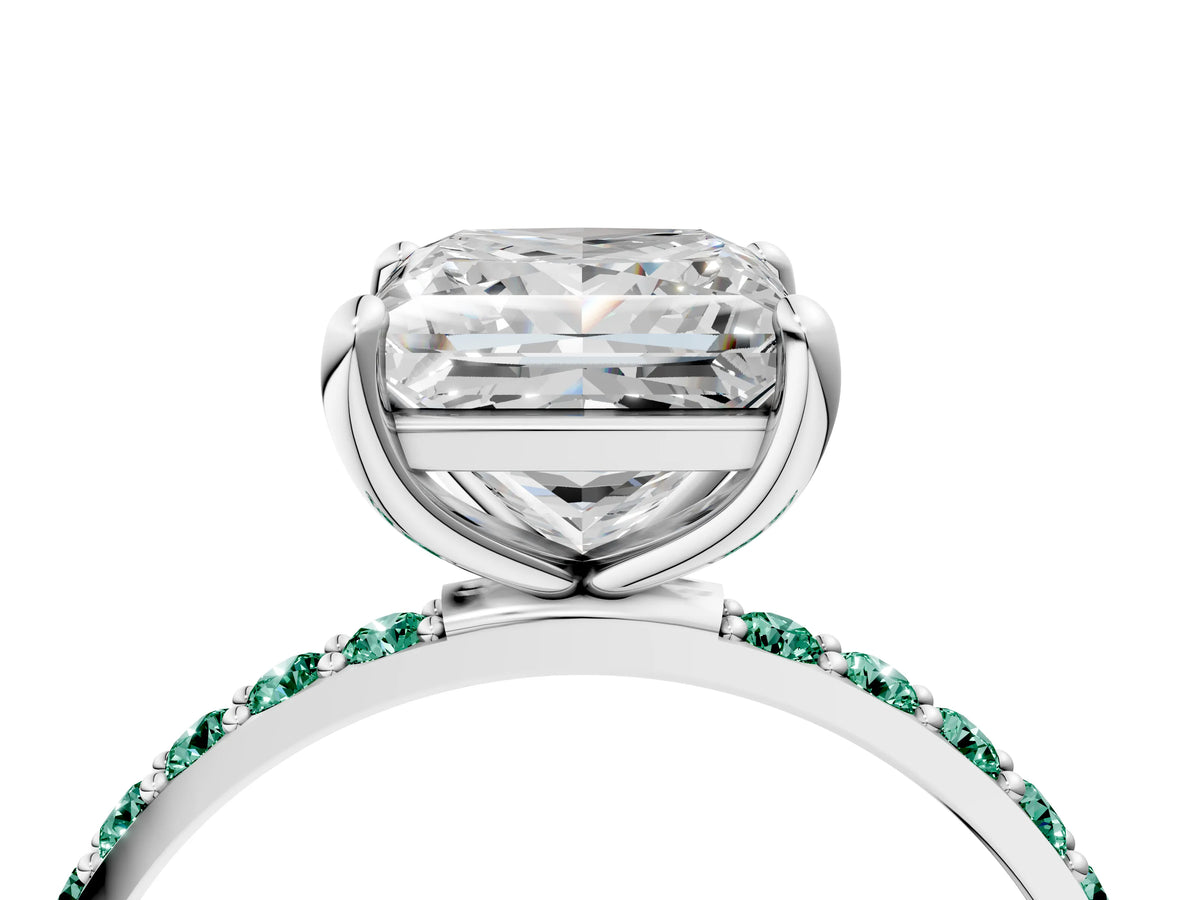 Platinum Princess Cut Diamond Solitaire Ring with Round Green Sapphire Pavé Band and Prong Setting_16