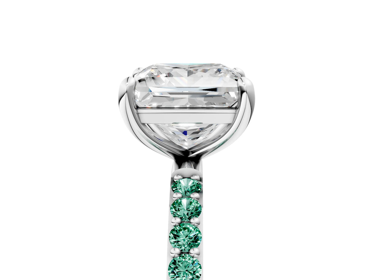 Platinum Princess Cut Diamond Solitaire Ring with Round Green Sapphire Pavé Band and Prong Setting_17