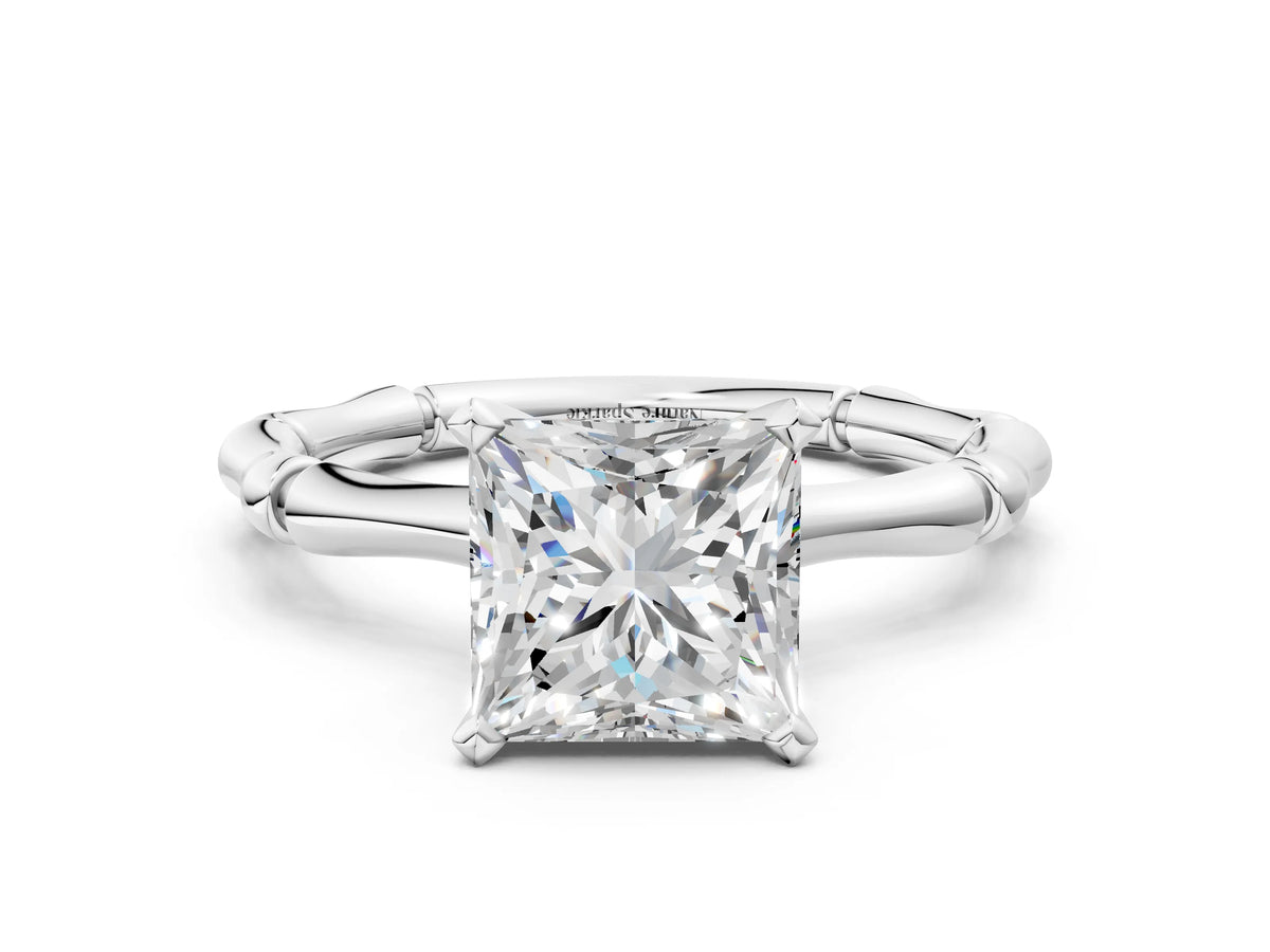Platinum Princess Cut Solitaire Diamond Ring with Bamboo Band and Four-Prong Setting_12