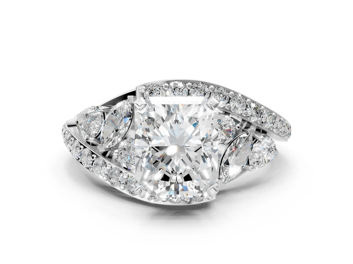 Platinum Radiant Cut Diamond Halo Ring with Marquise and Pavé Band in Prong Setting_12