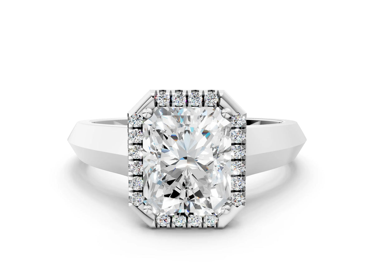 Platinum Radiant Cut Halo Diamond Ring with Cathedral Band and Four-Prong Setting_6