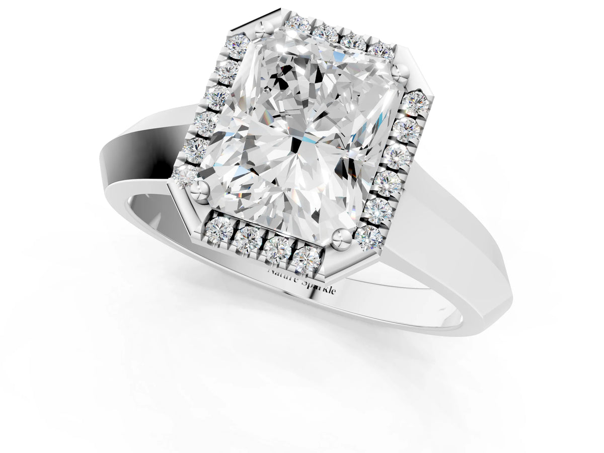 Platinum Radiant Cut Halo Diamond Ring with Cathedral Band and Four-Prong Setting_7