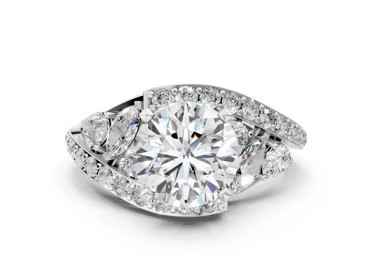 Platinum Round Cut Diamond Halo Ring with Marquise and Pavé Band in Prong Setting