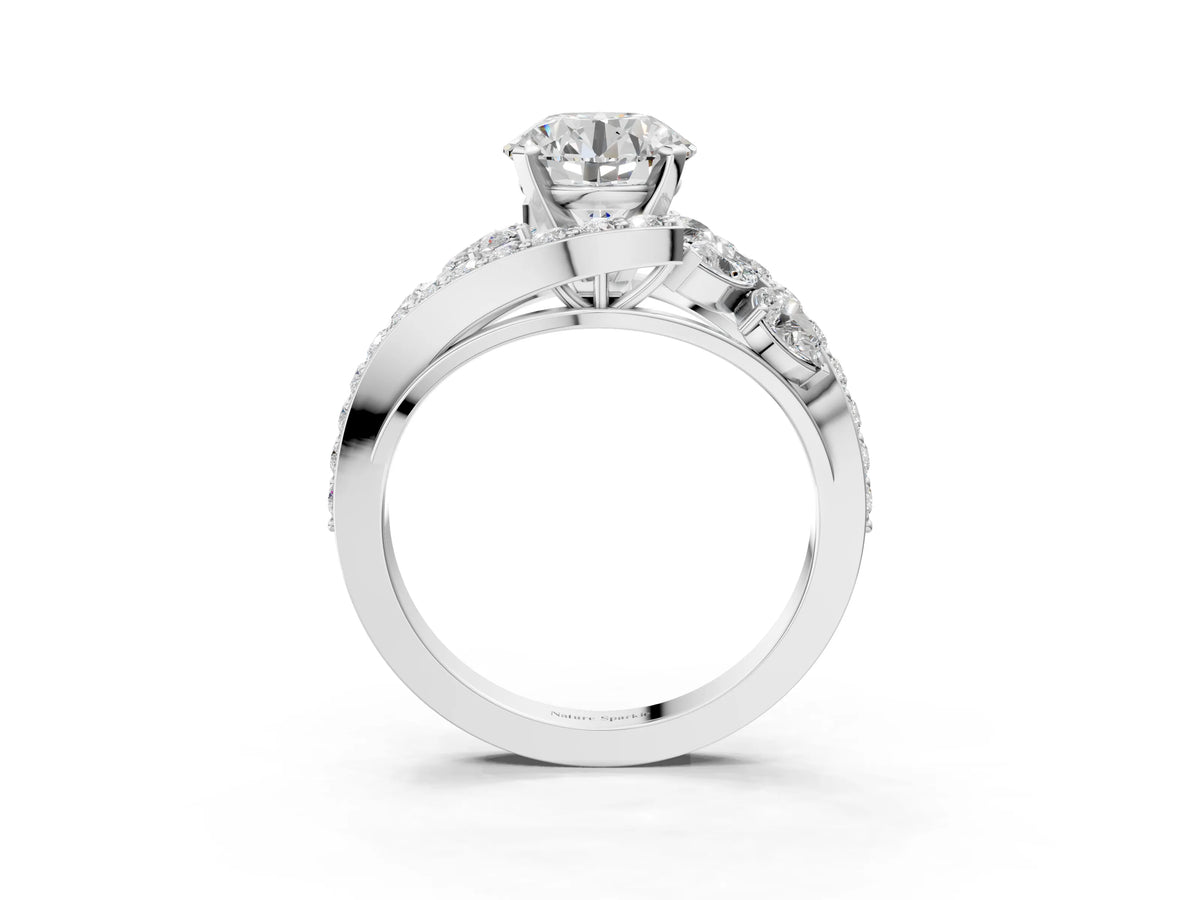 Platinum Round Cut Diamond Halo Ring with Marquise and Pavé Band in Prong Setting_3