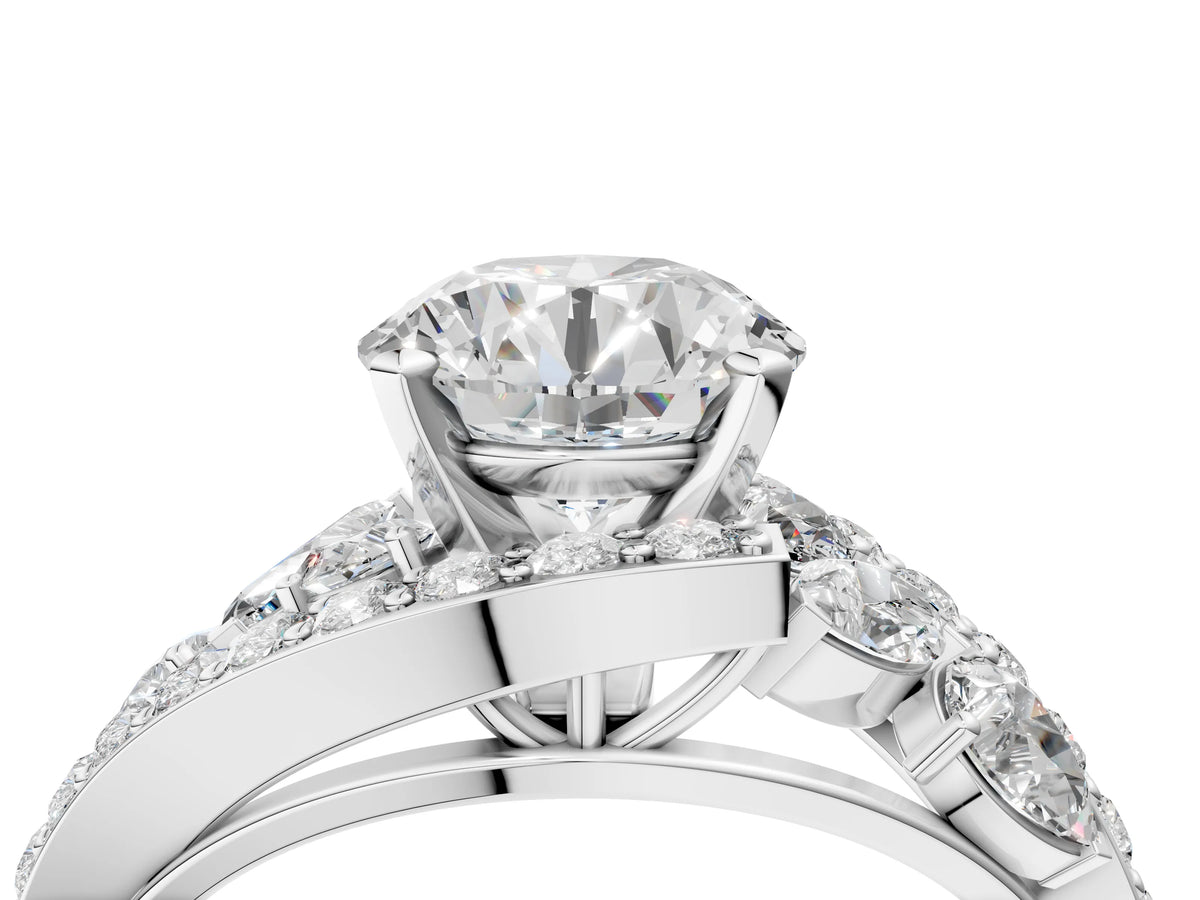 Platinum Round Cut Diamond Halo Ring with Marquise and Pavé Band in Prong Setting_4