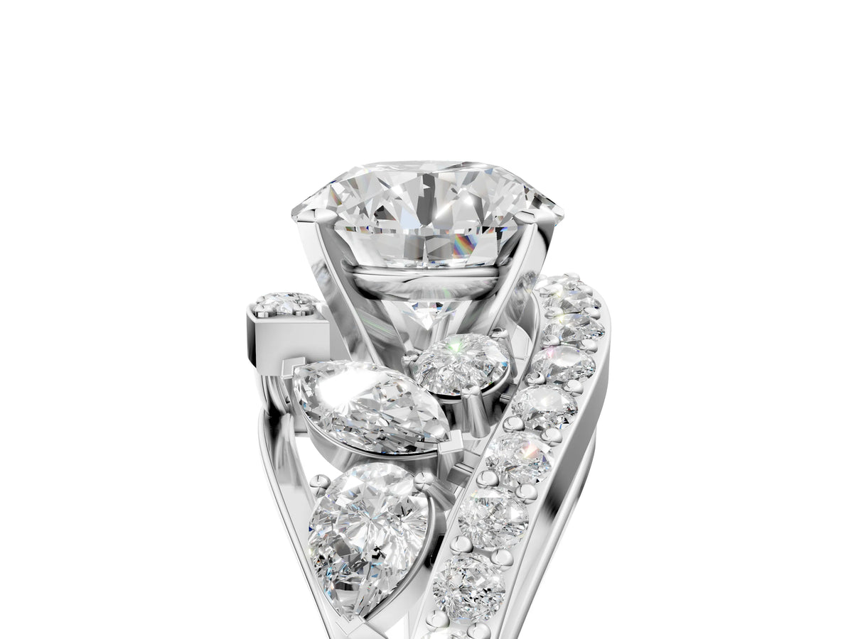 Platinum Round Cut Diamond Halo Ring with Marquise and Pavé Band in Prong Setting_5