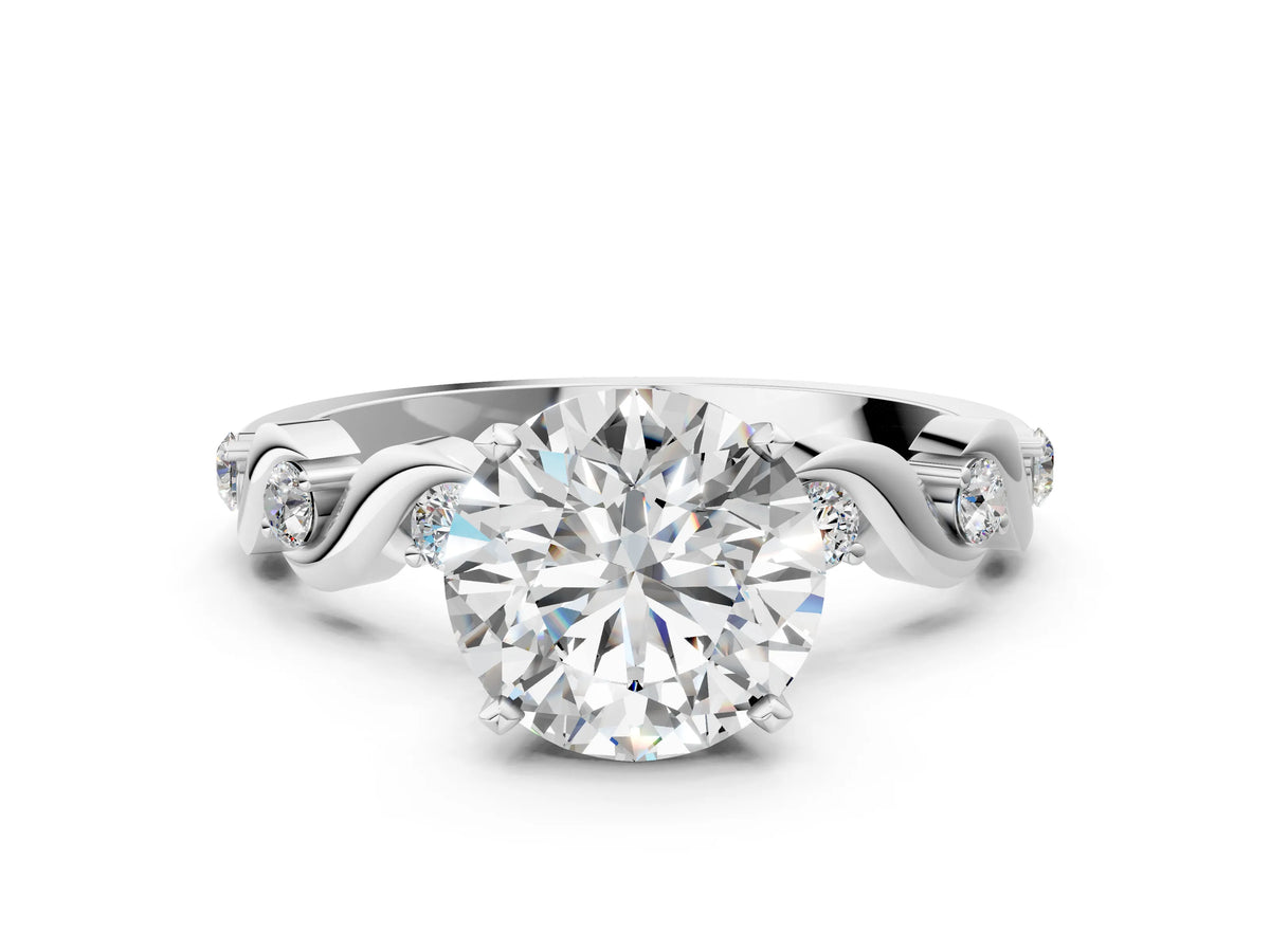 Platinum Round Cut Diamond Solitaire Twisted Band with Round Accents and Prong Setting