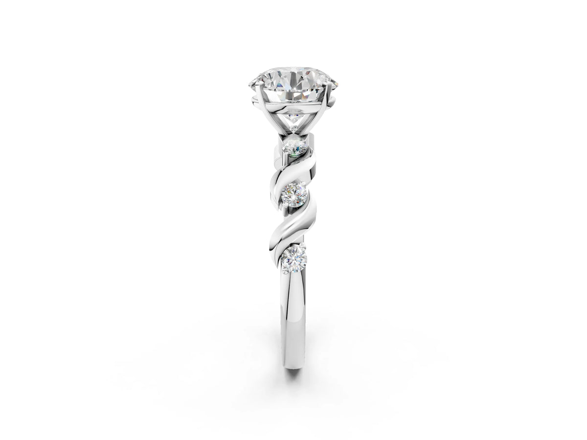 Platinum Round Cut Diamond Solitaire Twisted Band with Round Accents and Prong Setting_2