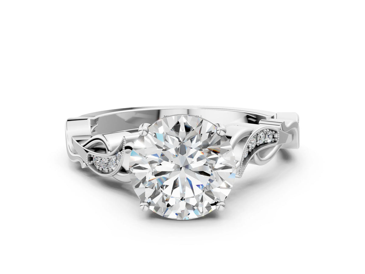 Platinum Round Cut Solitaire Vine Band with Milgrain Prong Setting