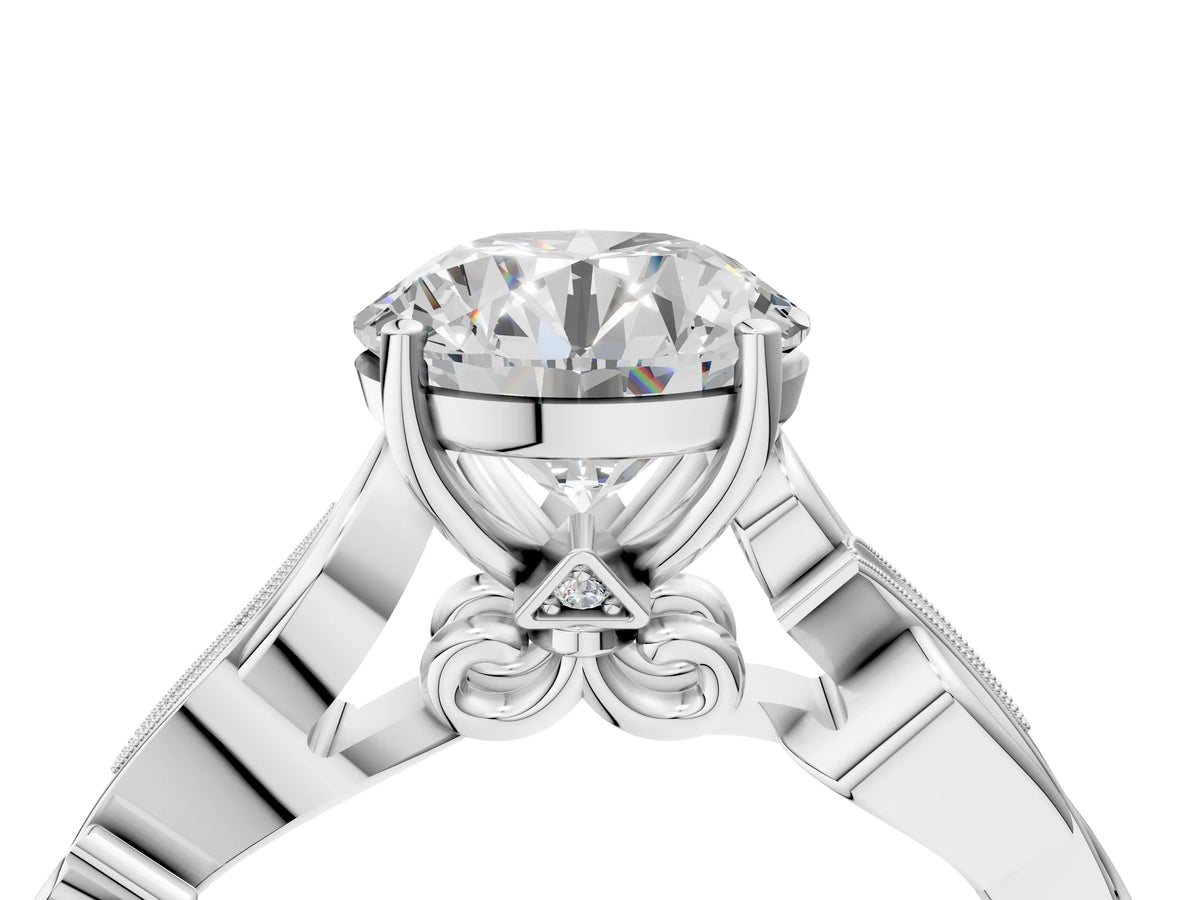 Platinum Round Cut Solitaire Vine Band with Milgrain Prong Setting_4