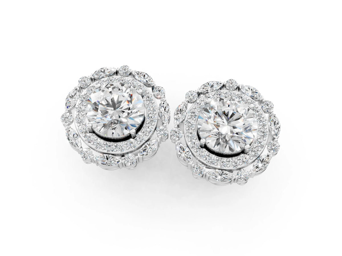 Platinum Round Diamond Double Halo Stud Earrings with Prong Setting_7