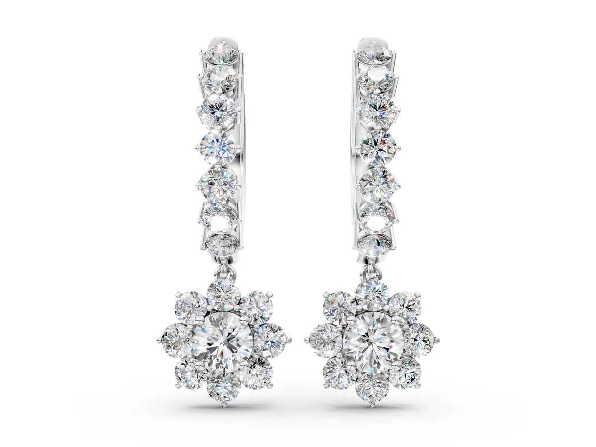 Platinum Round Diamond Petite Hoop Earrings with Sunflower Drop_2