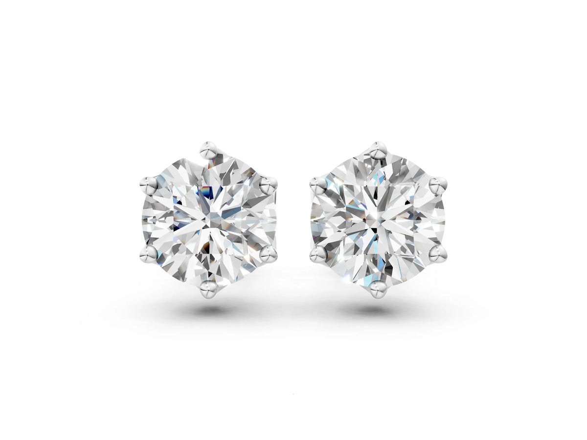 Platinum Round Diamond Six Prong Flower Petal Solitaire Stud Earrings_3