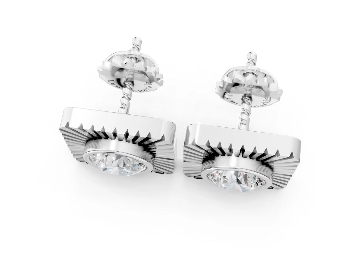 Platinum Round Diamond Sunburst Square Stud Earrings_7