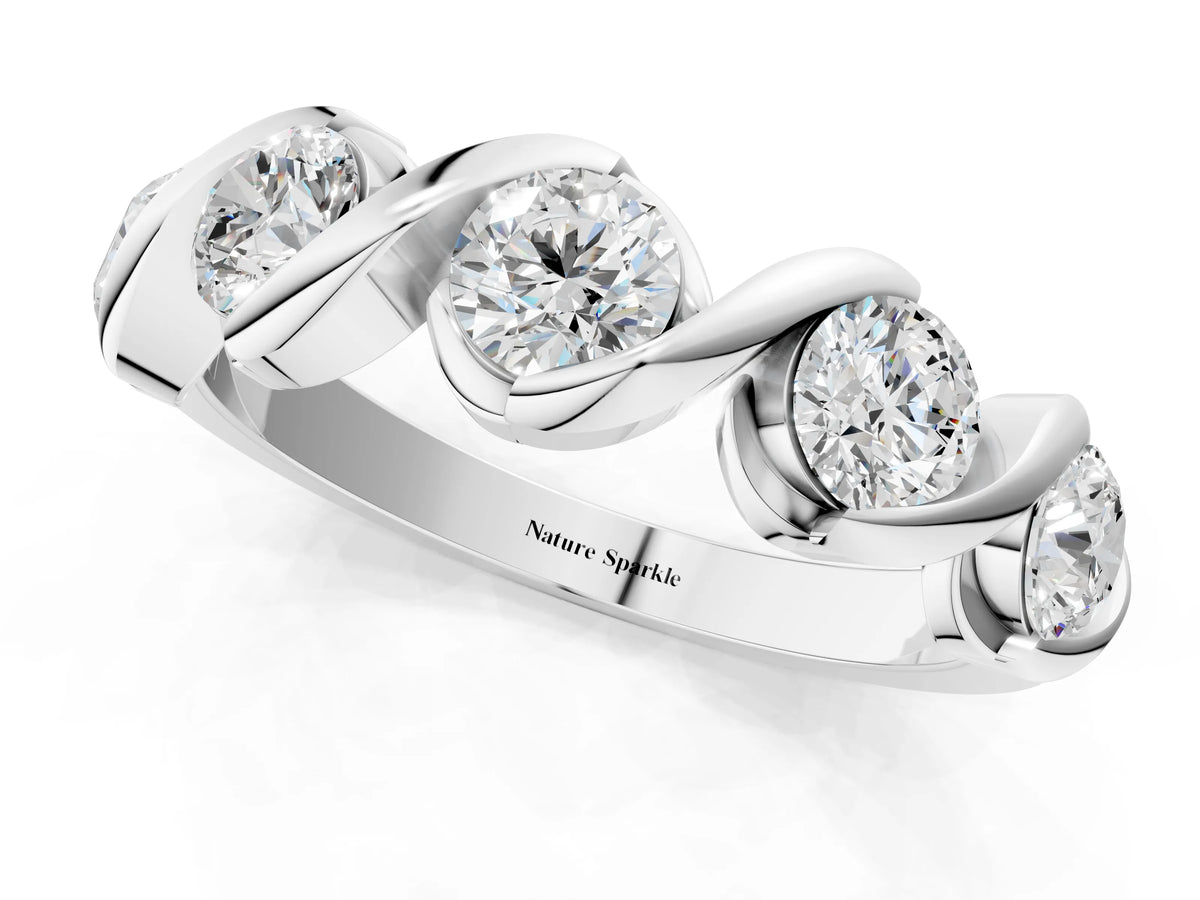 Platinum Round Diamond Wave Band with Channel Setting and Shared Prongs_13