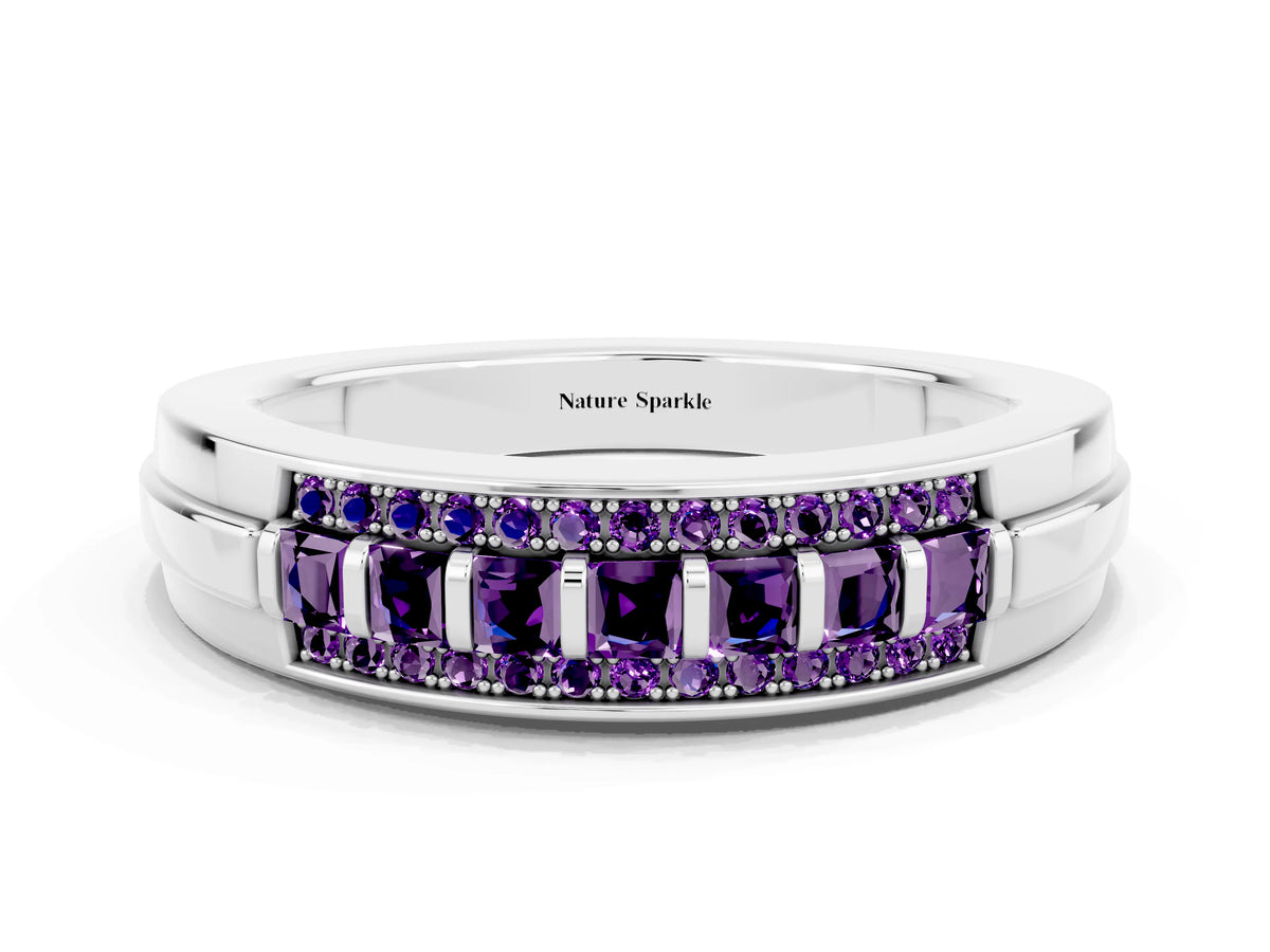 Princess Cut Amethyst Bar-Set Pavé Band in Platinum with Grooved Edge Detailing