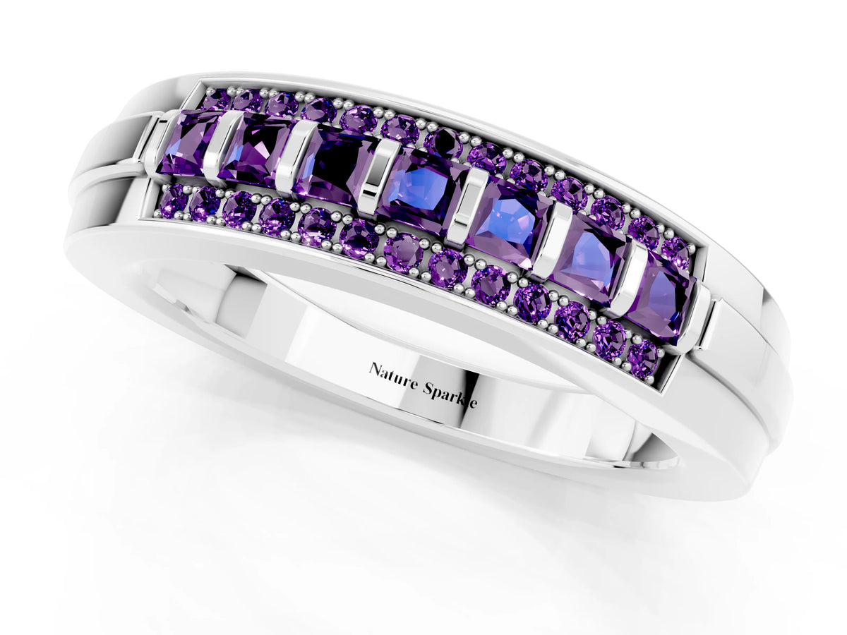 Princess Cut Amethyst Bar-Set Pavé Band in Platinum with Grooved Edge Detailing_1