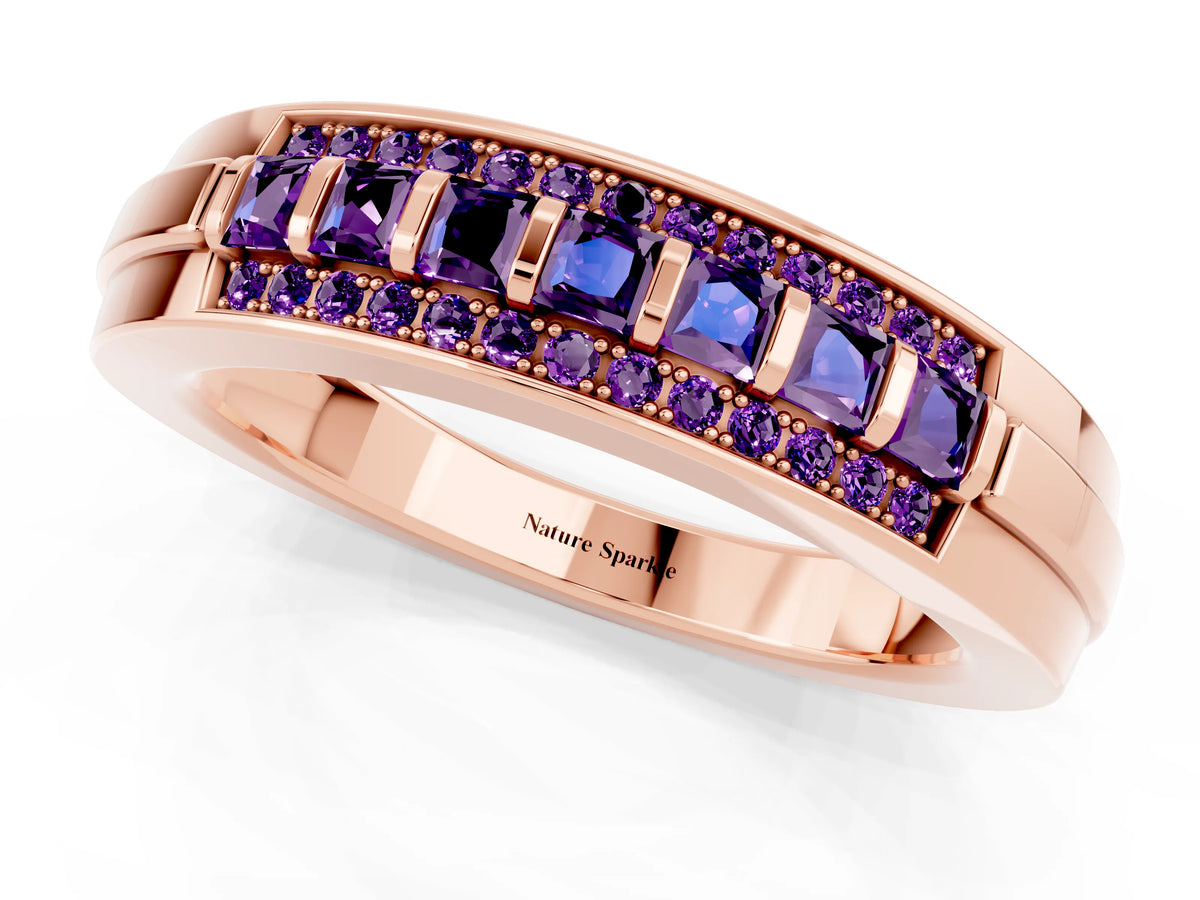 Princess Cut Amethyst Bar-Set Pavé Band in Rose gold with Grooved Edge Detailing_1