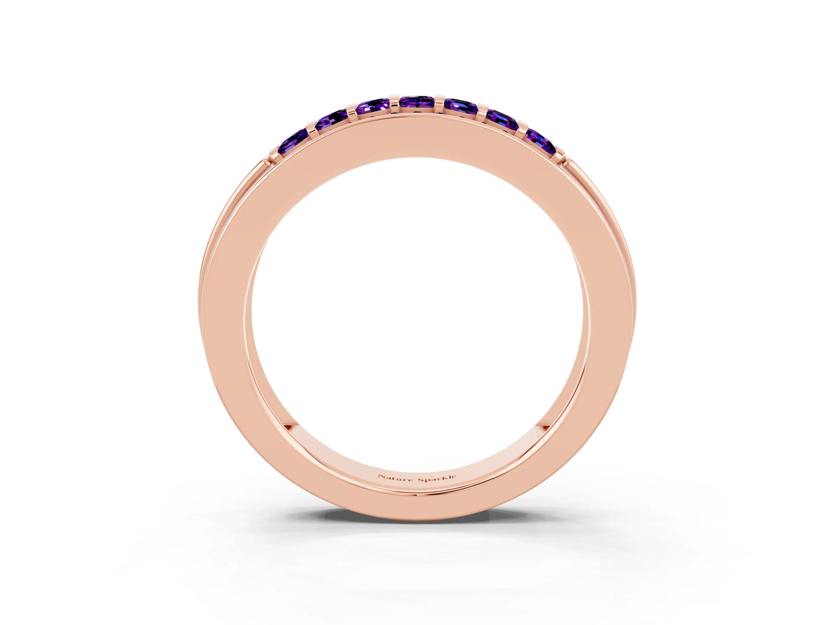 Princess Cut Amethyst Bar-Set Pavé Band in Rose gold with Grooved Edge Detailing_3