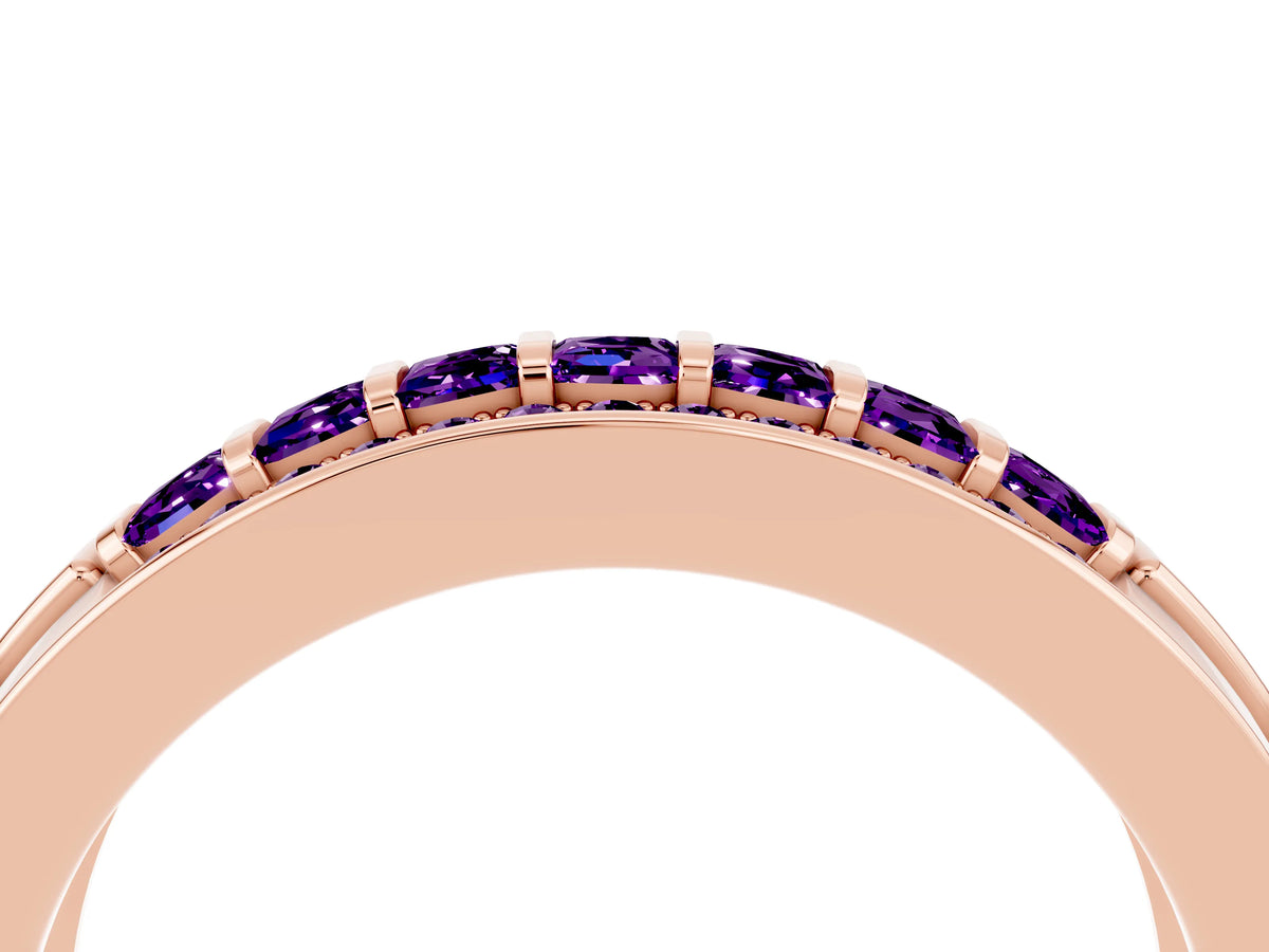 Princess Cut Amethyst Bar-Set Pavé Band in Rose gold with Grooved Edge Detailing_4