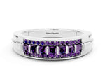 Princess Cut Amethyst Bar-Set Pavé Band in White gold with Grooved Edge Detailing