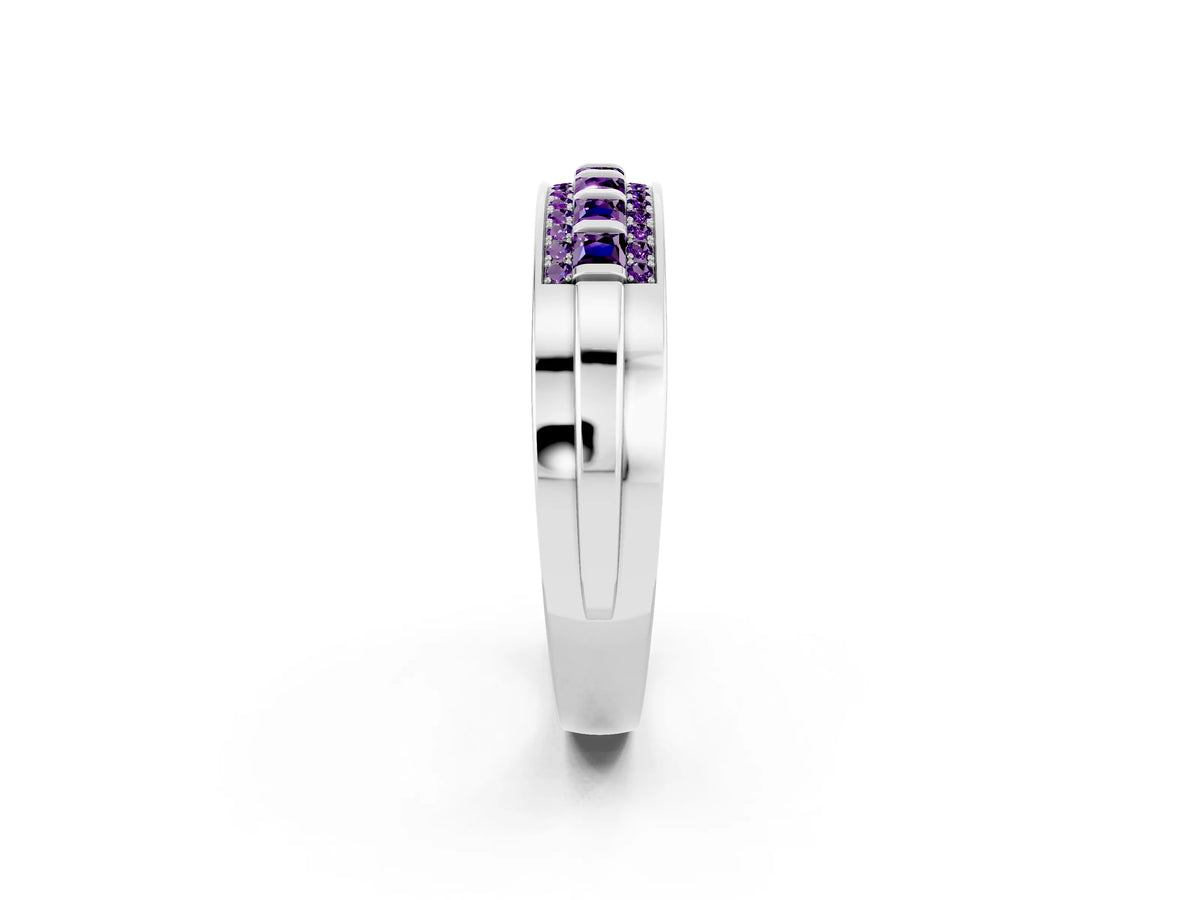 Princess Cut Amethyst Bar-Set Pavé Band in White gold with Grooved Edge Detailing_2