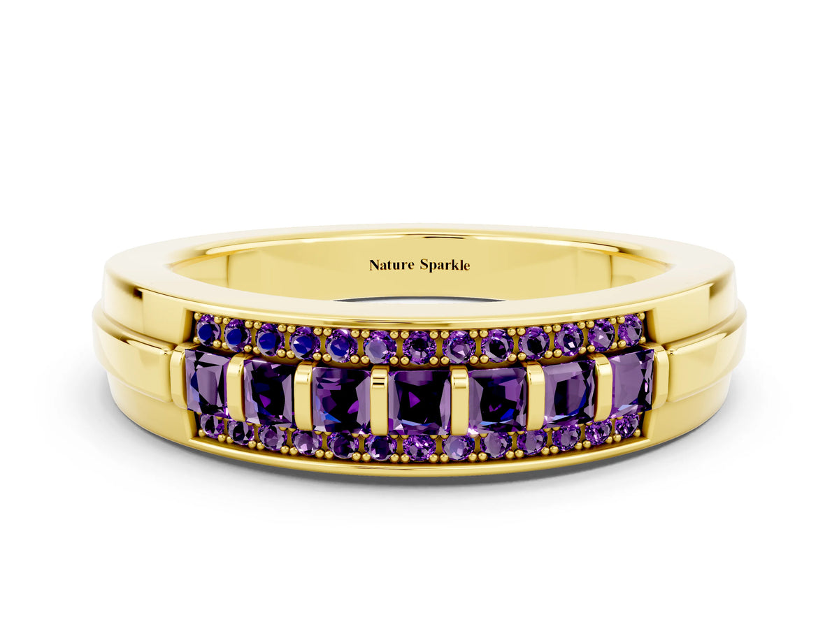 Princess Cut Amethyst Bar-Set Pavé Band in Yellow gold with Grooved Edge Detailing