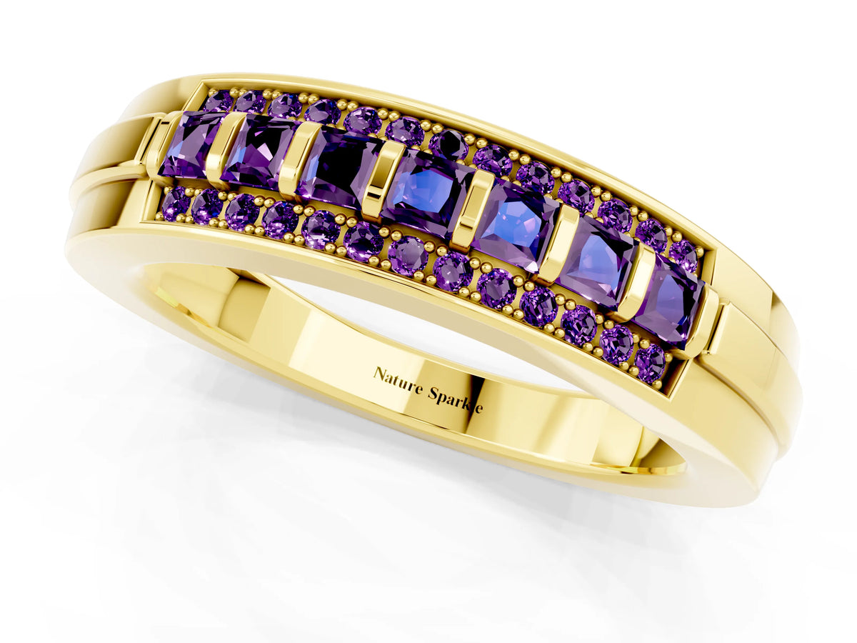 Princess Cut Amethyst Bar-Set Pavé Band in Yellow gold with Grooved Edge Detailing_1