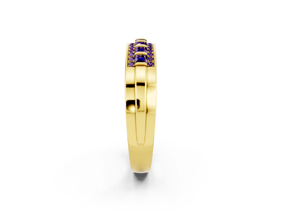 Princess Cut Amethyst Bar-Set Pavé Band in Yellow gold with Grooved Edge Detailing_2