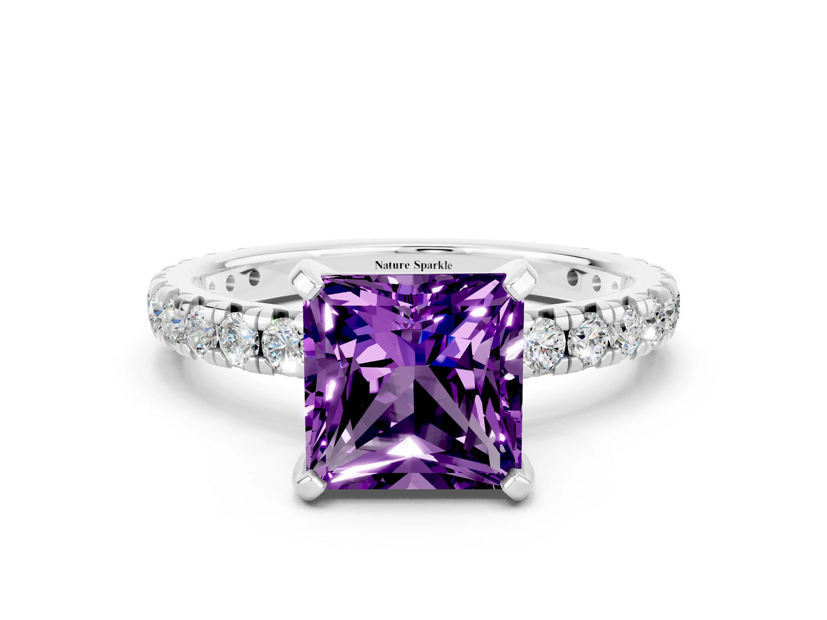 Princess Cut Amethyst Pavé Solitaire Ring in Silver with Round Pavé Band and Prong Setting