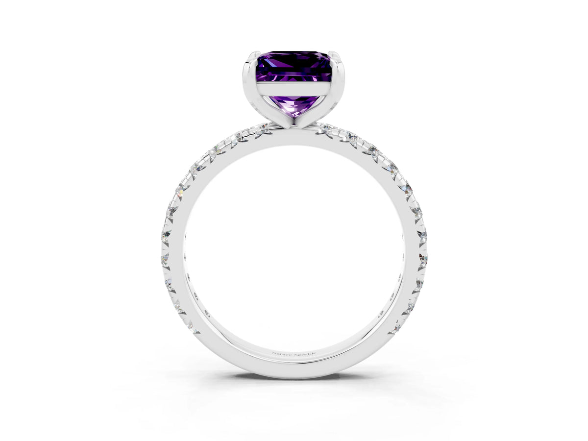 Princess Cut Amethyst Pavé Solitaire Ring in Silver with Round Pavé Band and Prong Setting_3
