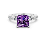 Princess Cut Amethyst Pavé Solitaire Ring in White gold with Round Pavé Band and Prong Setting