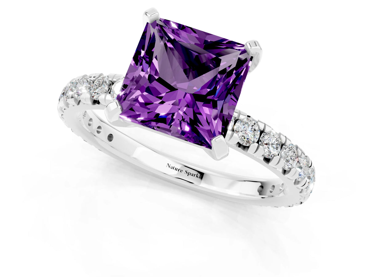 Princess Cut Amethyst Pavé Solitaire Ring in White gold with Round Pavé Band and Prong Setting_1