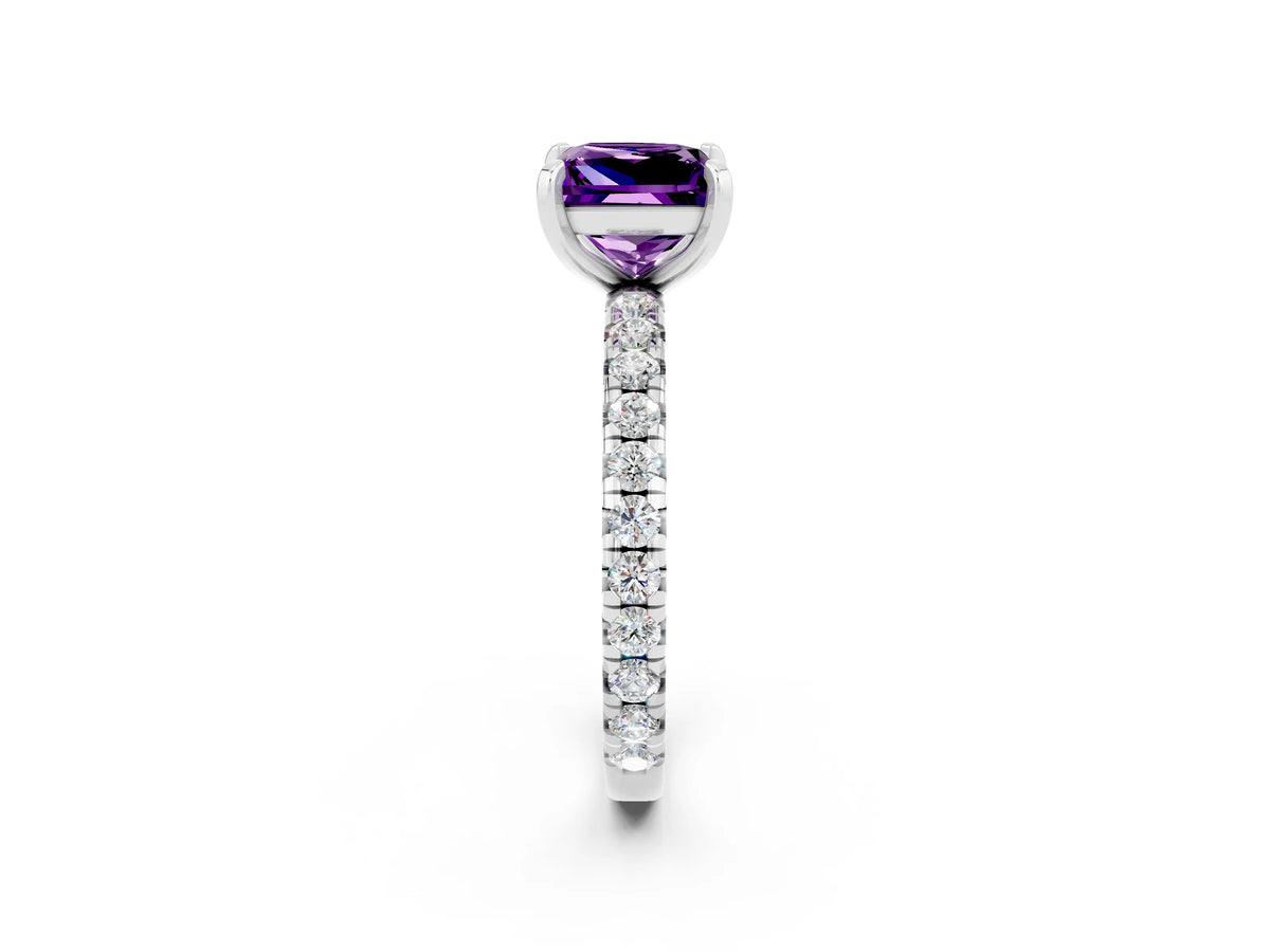 Princess Cut Amethyst Pavé Solitaire Ring in White gold with Round Pavé Band and Prong Setting_2