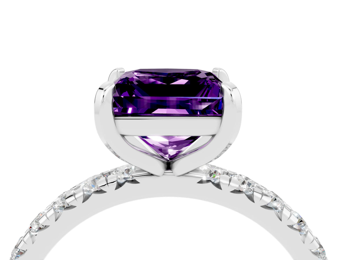 Princess Cut Amethyst Pavé Solitaire Ring in White gold with Round Pavé Band and Prong Setting_4