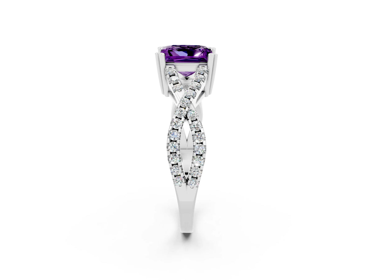 Princess Cut Amethyst Solitaire Ring in Platinum with Interwoven Pavé Band and Prong Setting_8