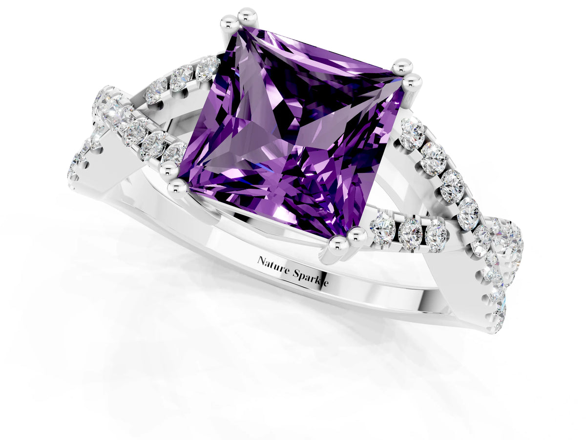 Princess Cut Amethyst Solitaire Ring in White gold with Interwoven Pavé Band and Prong Setting_1