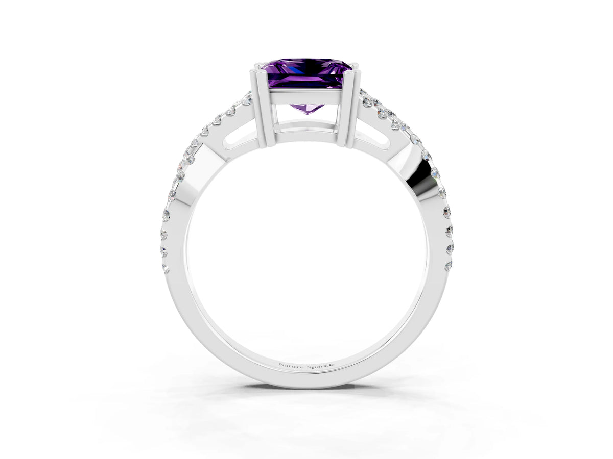 Princess Cut Amethyst Solitaire Ring in White gold with Interwoven Pavé Band and Prong Setting_3
