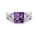 Princess Cut Amethyst Solitaire Ring in White gold with Interwoven Pavé Band and Prong Setting