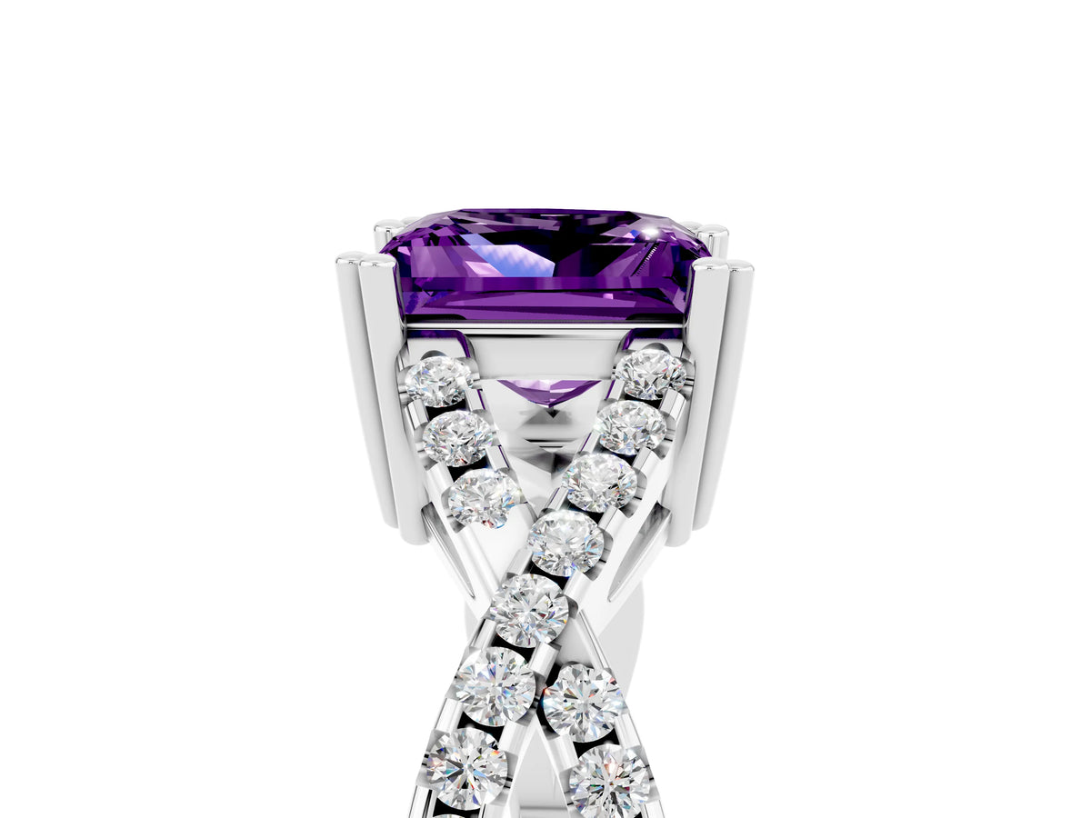 Princess Cut Amethyst Solitaire Ring in White gold with Interwoven Pavé Band and Prong Setting_5