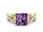 Princess Cut Amethyst Solitaire Ring in Yellow gold with Interwoven Pavé Band and Prong Setting