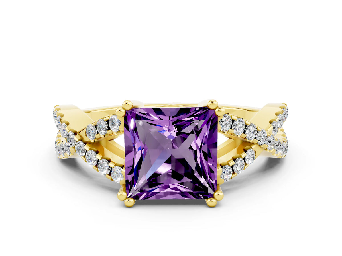 Princess Cut Amethyst Solitaire Ring in Yellow gold with Interwoven Pavé Band and Prong Setting