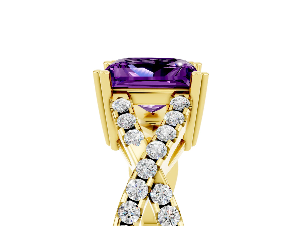 Princess Cut Amethyst Solitaire Ring in Yellow gold with Interwoven Pavé Band and Prong Setting_5