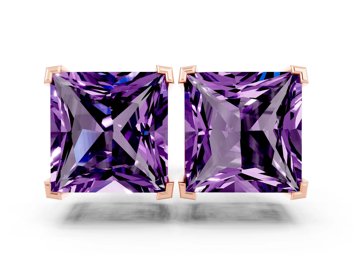 Princess Cut Amethyst Stud Earrings in Rose gold with Basket Setting
