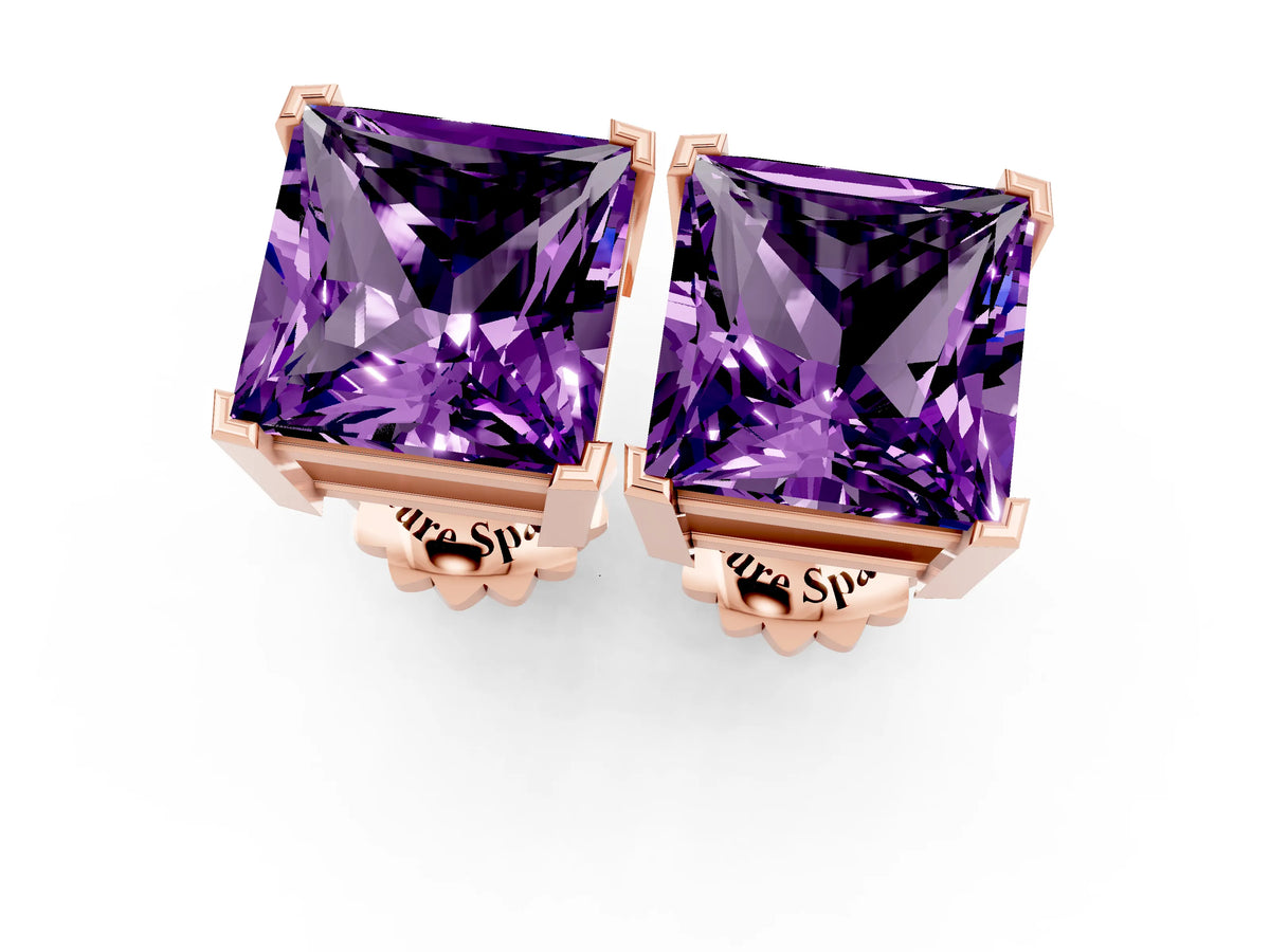 Princess Cut Amethyst Stud Earrings in Rose gold with Basket Setting_1