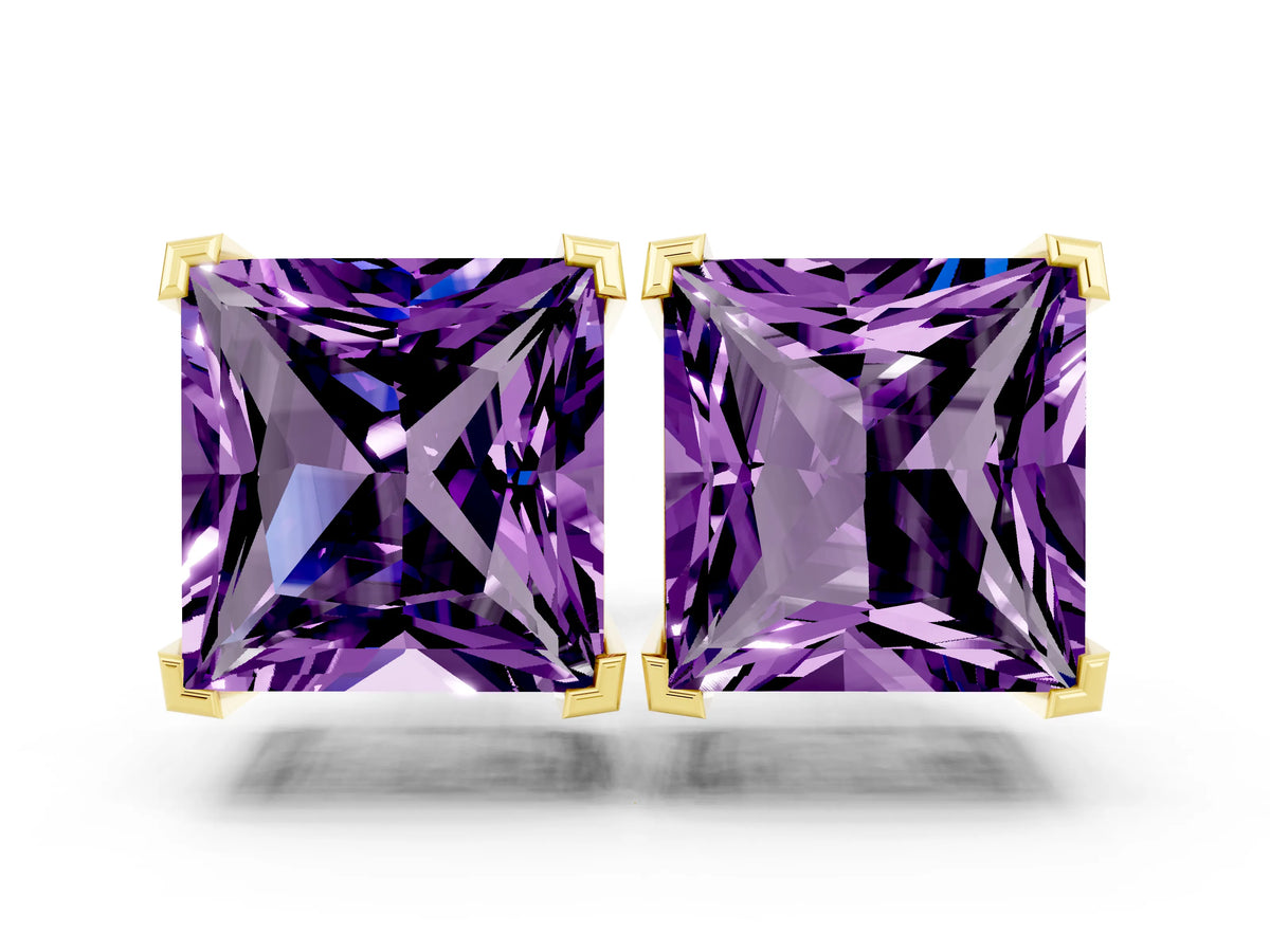 Princess Cut Amethyst Stud Earrings in Yellow gold with Basket Setting