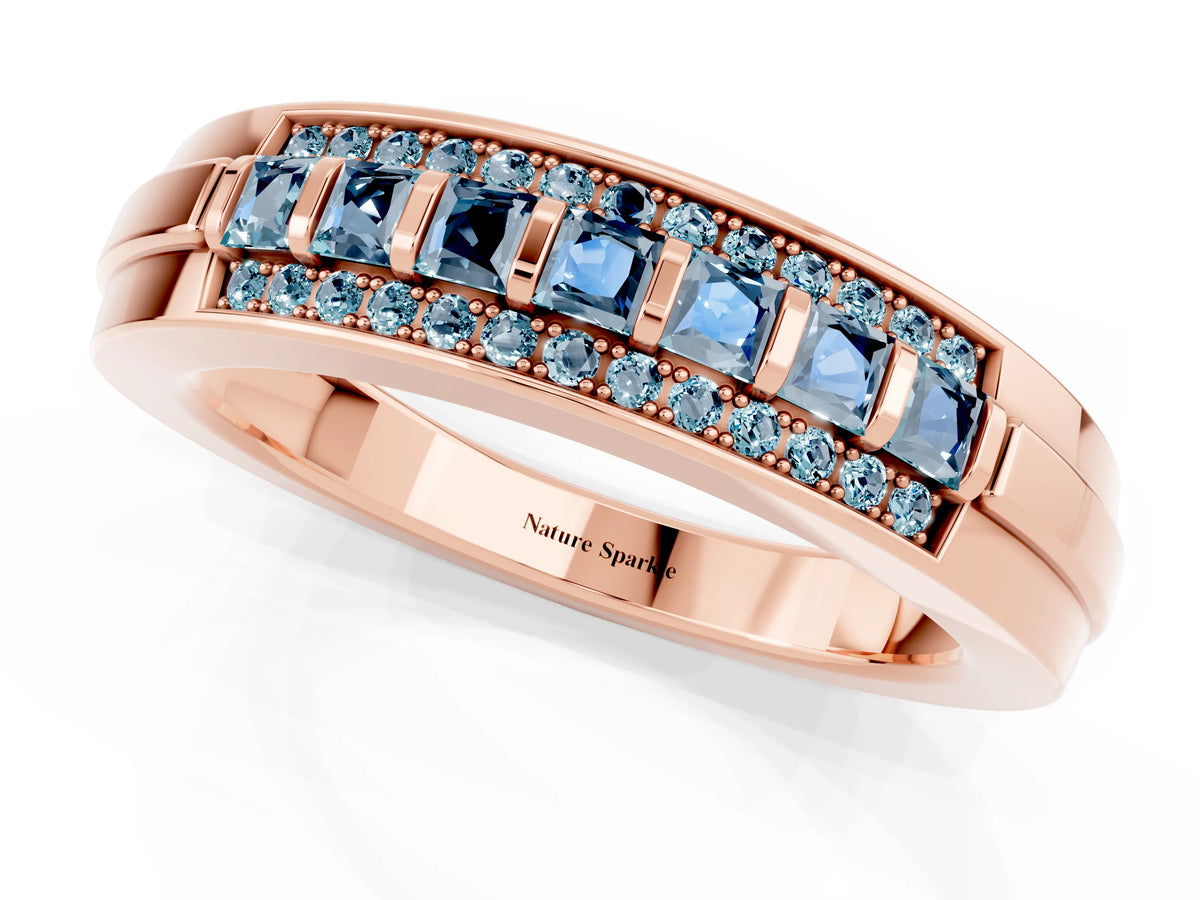 Princess Cut Aquamarine Bar-Set Pavé Band in Rose gold with Grooved Edge Detailing_1