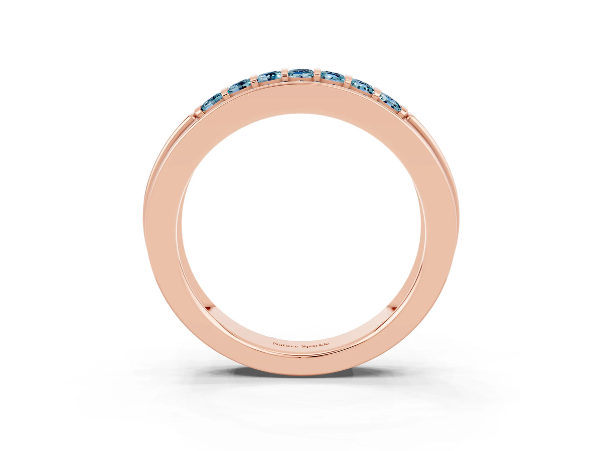 Princess Cut Aquamarine Bar-Set Pavé Band in Rose gold with Grooved Edge Detailing_3